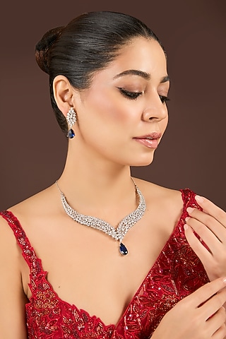 White Gold Finish Diamond & Blue Cubic Zirconia Necklace Set by Minaki