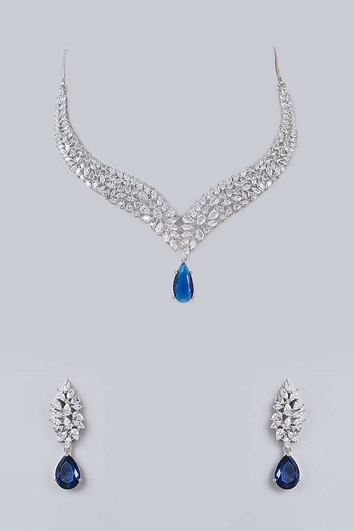 White Gold Finish Diamond & Blue Cubic Zirconia Necklace Set by Minaki at Pernia's Pop Up Shop