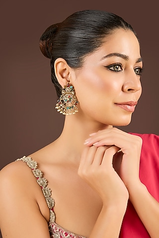 Antique Gold Finish Kundan Polki & Pearl Chandbali Earrings by Minaki