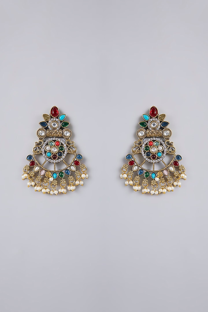 Antique Gold Finish Kundan Polki & Pearl Chandbali Earrings by Minaki at Pernia's Pop Up Shop