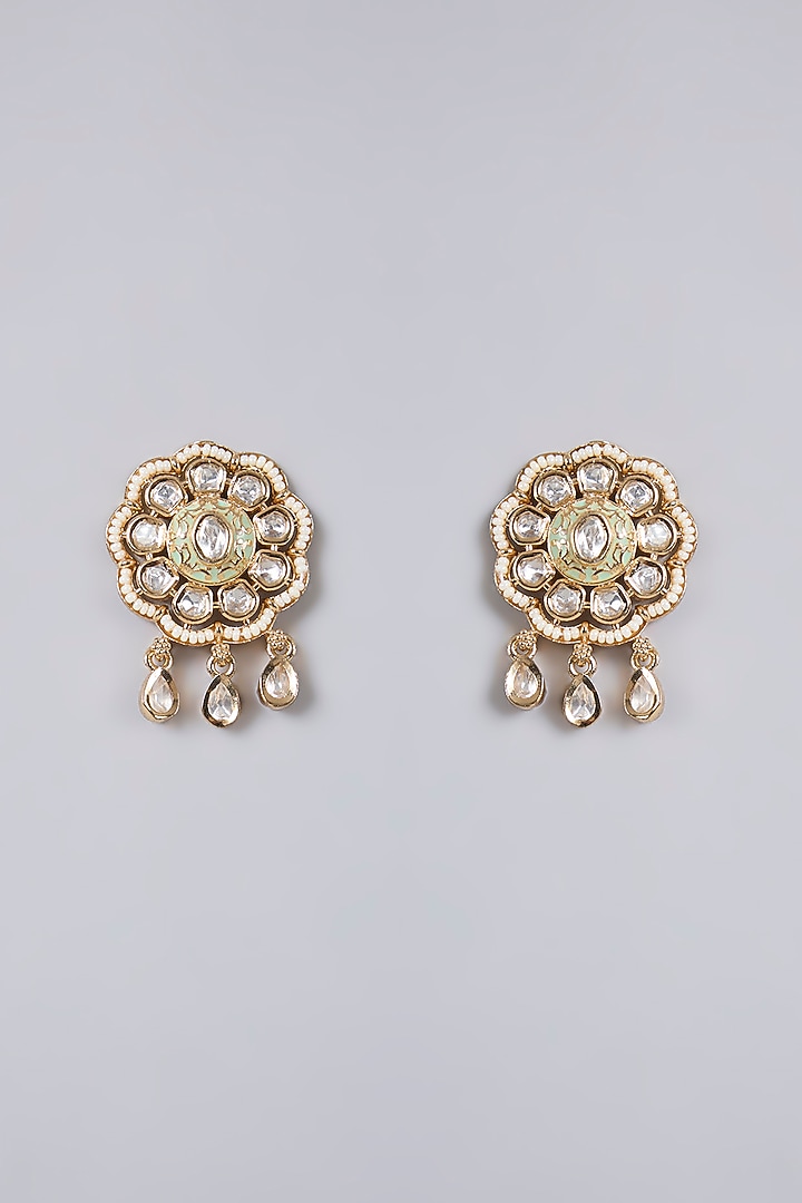 Gold Plated Kundan Polki & Pearl Mint Meenakari Dangler Earrings by Minaki at Pernia's Pop Up Shop