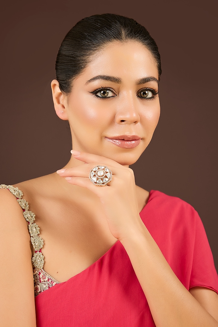 Gold Plated Kundan Polki & Crystal Ring by Minaki at Pernia's Pop Up Shop