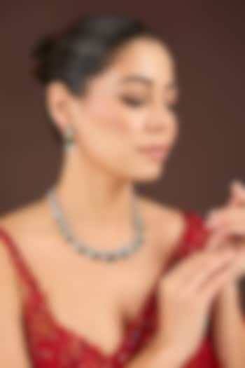 White Gold Finish Pink Cubic Zirconia & Blue Enameled Necklace Set by Minaki at Pernia's Pop Up Shop