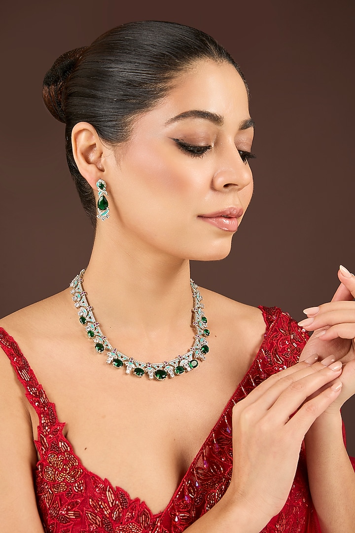 White Gold Finish Pink Cubic Zirconia & Blue Enameled Necklace Set by Minaki at Pernia's Pop Up Shop