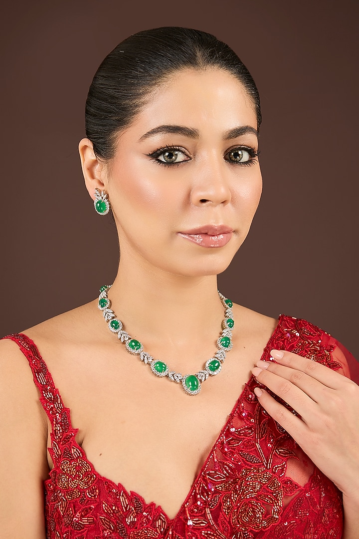 White Gold Finish Diamond & Cubic Zirconia Necklace Set by Minaki at Pernia's Pop Up Shop