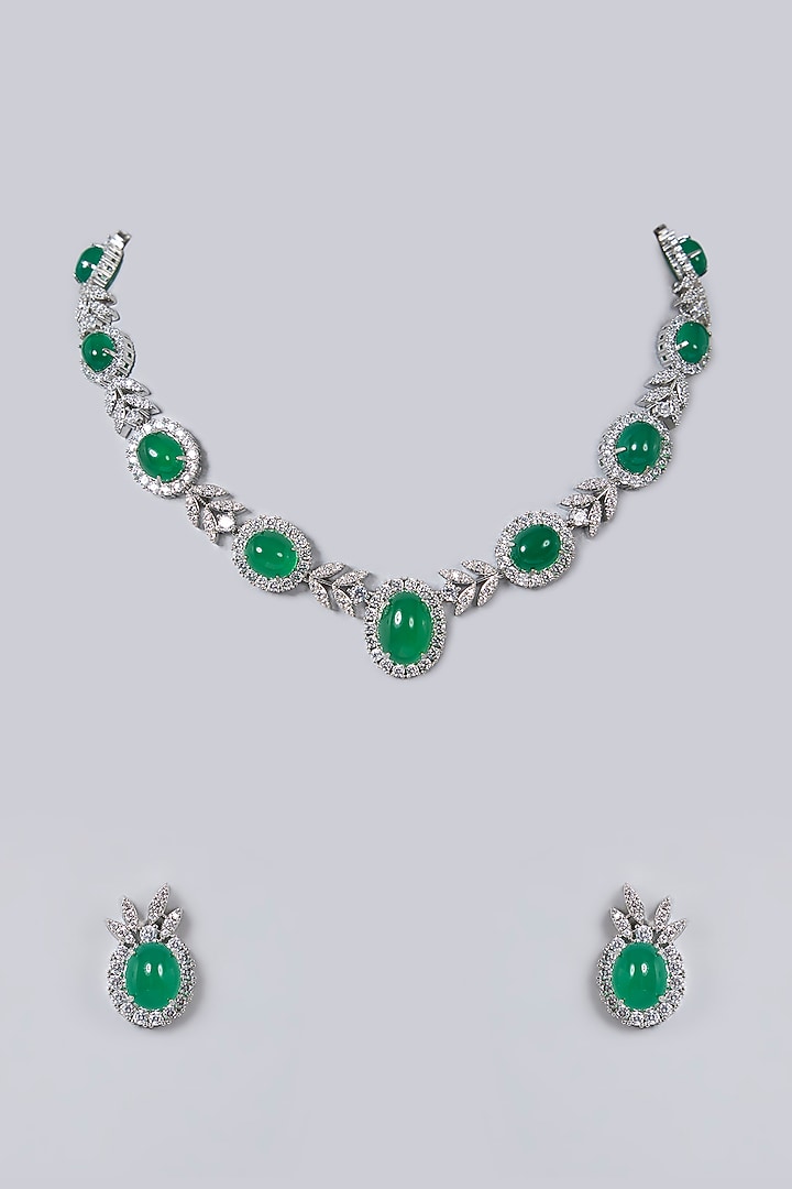 White Gold Finish Diamond & Cubic Zirconia Necklace Set by Minaki at Pernia's Pop Up Shop