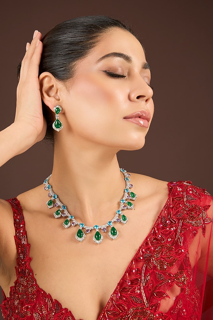 White Gold Finish Diamond & Multi-Colored Cubic Zirconia Necklace Set by Minaki at Pernia's Pop Up Shop