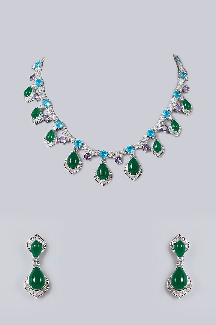 White Gold Finish Diamond & Multi-Colored Cubic Zirconia Necklace Set by Minaki at Pernia's Pop Up Shop
