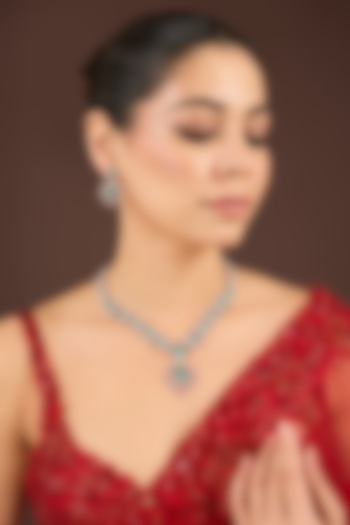 White Gold Finish Diamond & Emerald Cubic Zirconia Necklace Set by Minaki at Pernia's Pop Up Shop