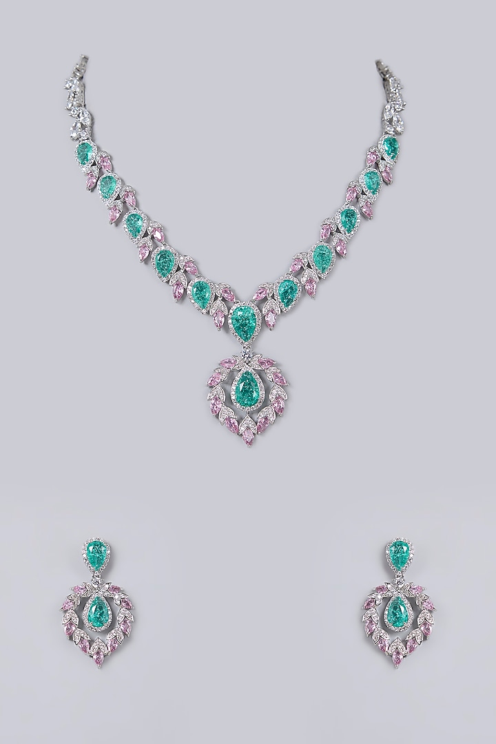 White Gold Finish Diamond & Emerald Cubic Zirconia Necklace Set by Minaki at Pernia's Pop Up Shop