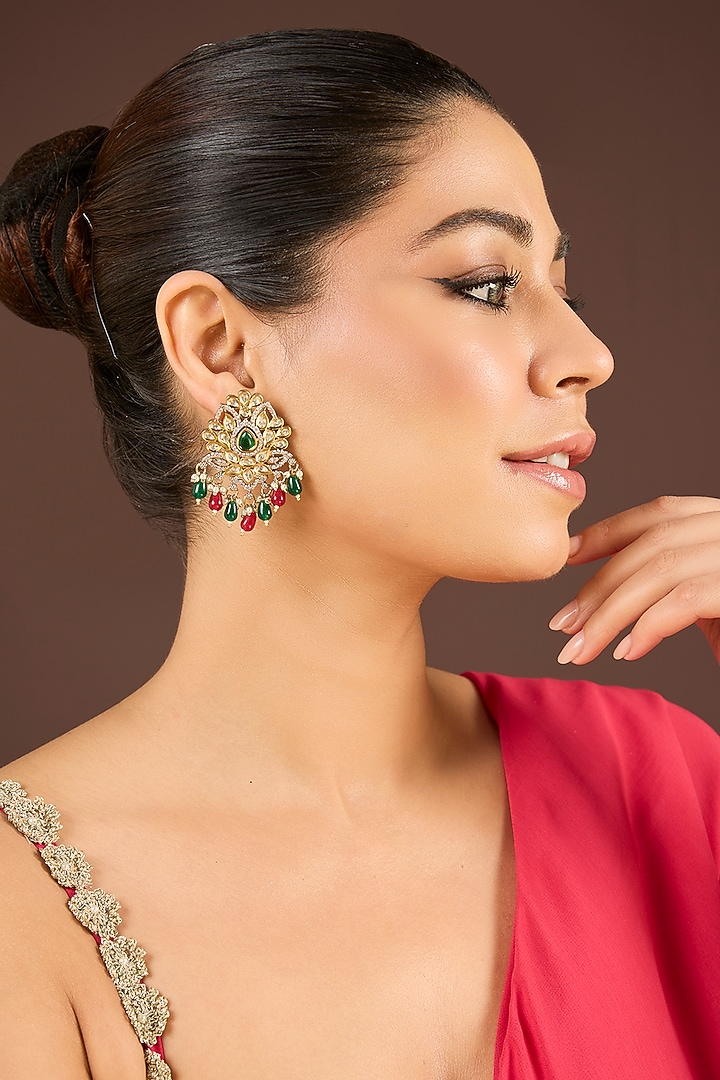 Antique Gold Finish Kundan Polki & Pearl Dangler Earrings by Minaki at Pernia's Pop Up Shop