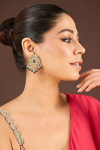 Antique Gold Finish Kundan Polki & Pearl Dangler Earrings by Minaki