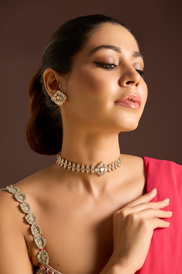 Gold Plated Kundan Polki & Crystal Necklace Set by Minaki at Pernia's Pop Up Shop