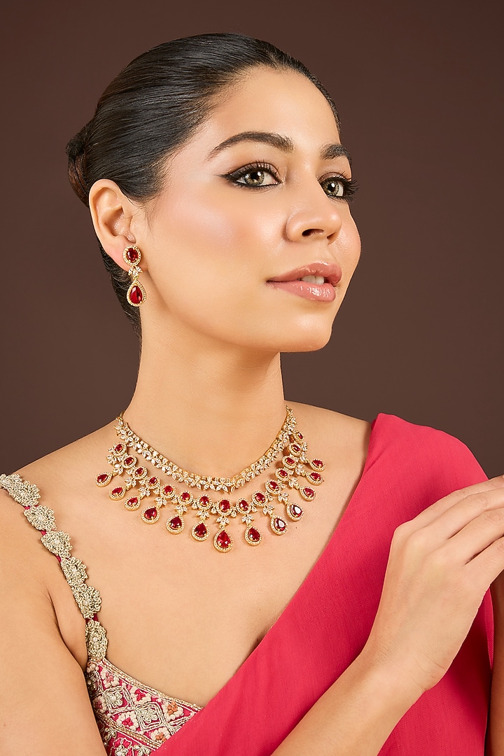 Gold Plated Diamond & Red Cubic Zirconia Necklace Set by Minaki at Pernia's Pop Up Shop
