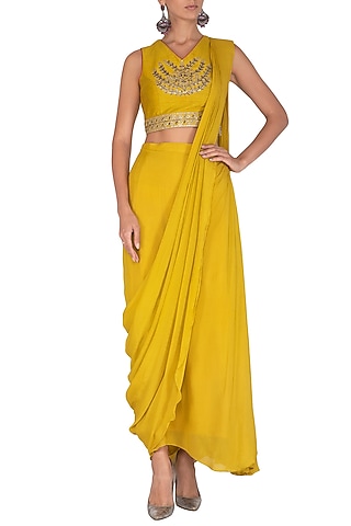 Mustard Chinon Chiffon Pre-Stitched Draped Saree Set by Mint Blush
