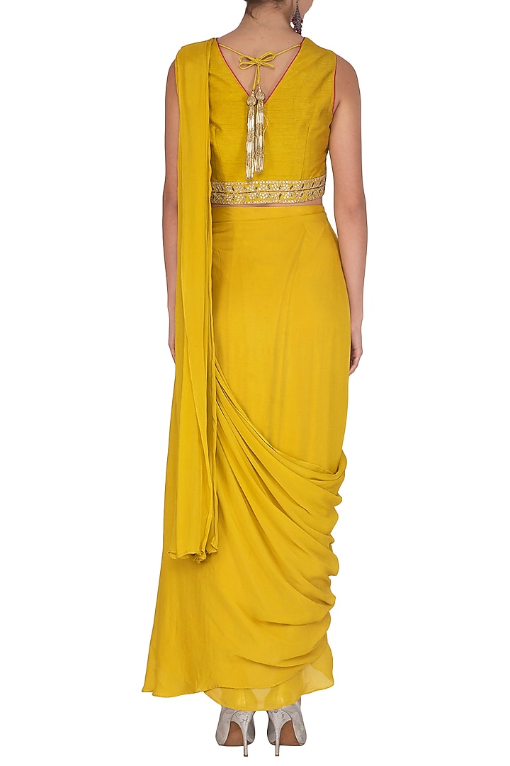 Mustard Chinon Chiffon Pre-Stitched Draped Party Wear Saree Set by Mint Blush at Pernia's Pop Up Shop