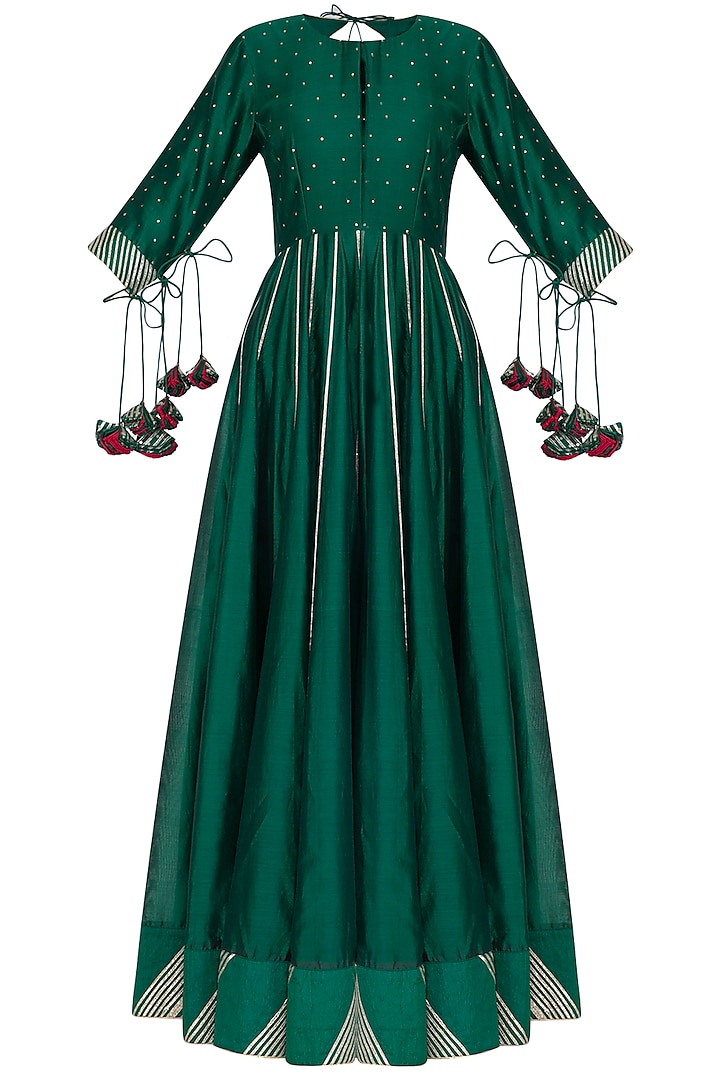 Bottle Green Gota Embroidered Anarkali With Dupatta by Mint Blush