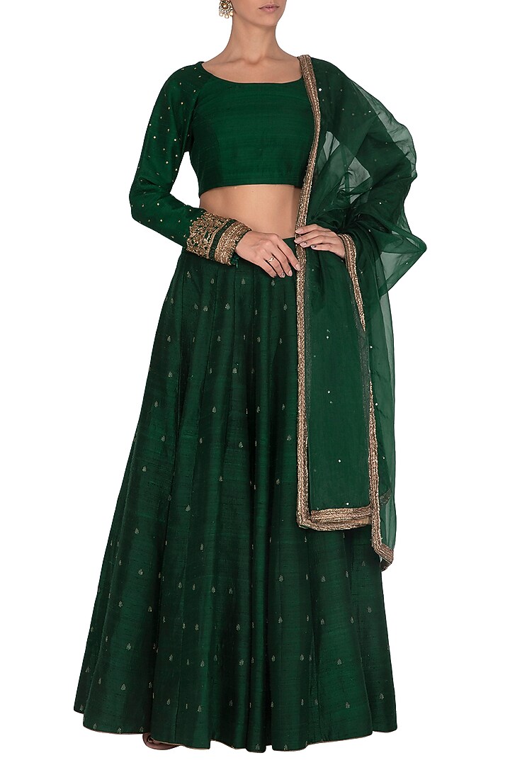 Dark Green Embroidered Wedding Lehenga Set by Mint Blush at Pernia's Pop Up Shop