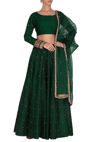 Dark Green Embroidered Lehenga Set by Mint Blush