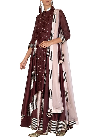 Wine & Peach Anarkali Set by Mint Blush