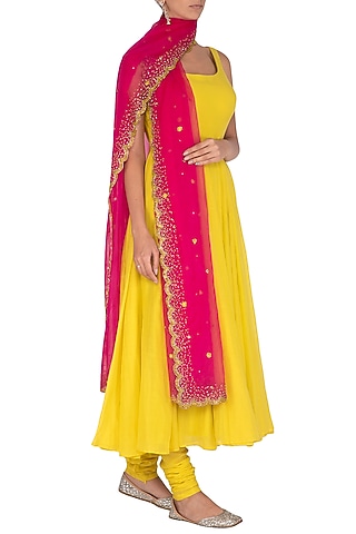 Yellow Anarkali Set WIth Embroidered Dupatta by Mint Blush