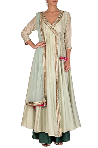 Green Embroidered Angrakha Anarkali Set by Mint Blush