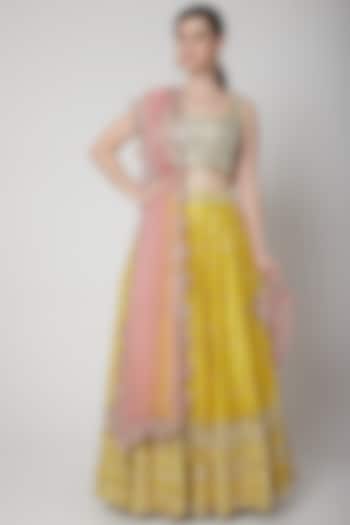 Yellow & Pink Embroidered Lehenga Set by Mint Blush
