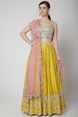 Yellow & Pink Embroidered Lehenga Set by Mint Blush