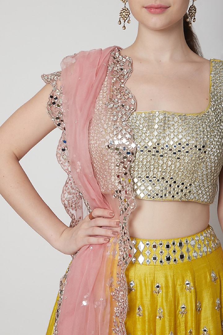 Yellow & Pink Embroidered Wedding Lehenga Set by Mint Blush at Pernia's Pop Up Shop