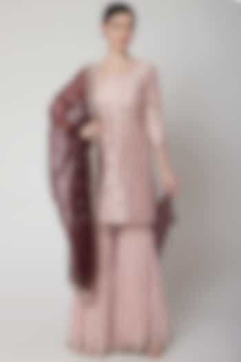 Rose Gold Pink & Wine Embroidered Sharara Set by Mint Blush