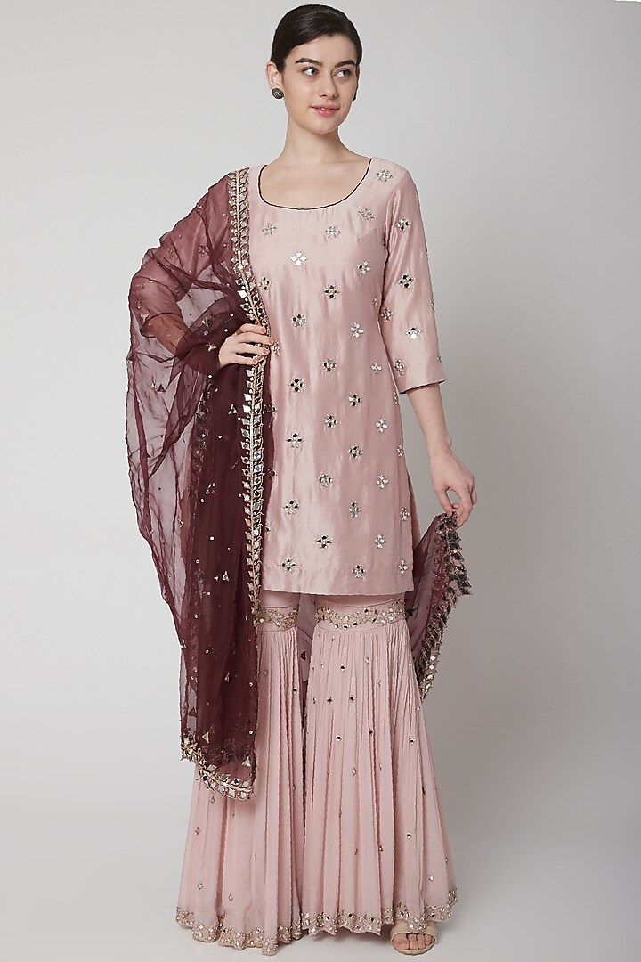 Rose Gold Pink & Wine Embroidered Sharara Set by Mint Blush