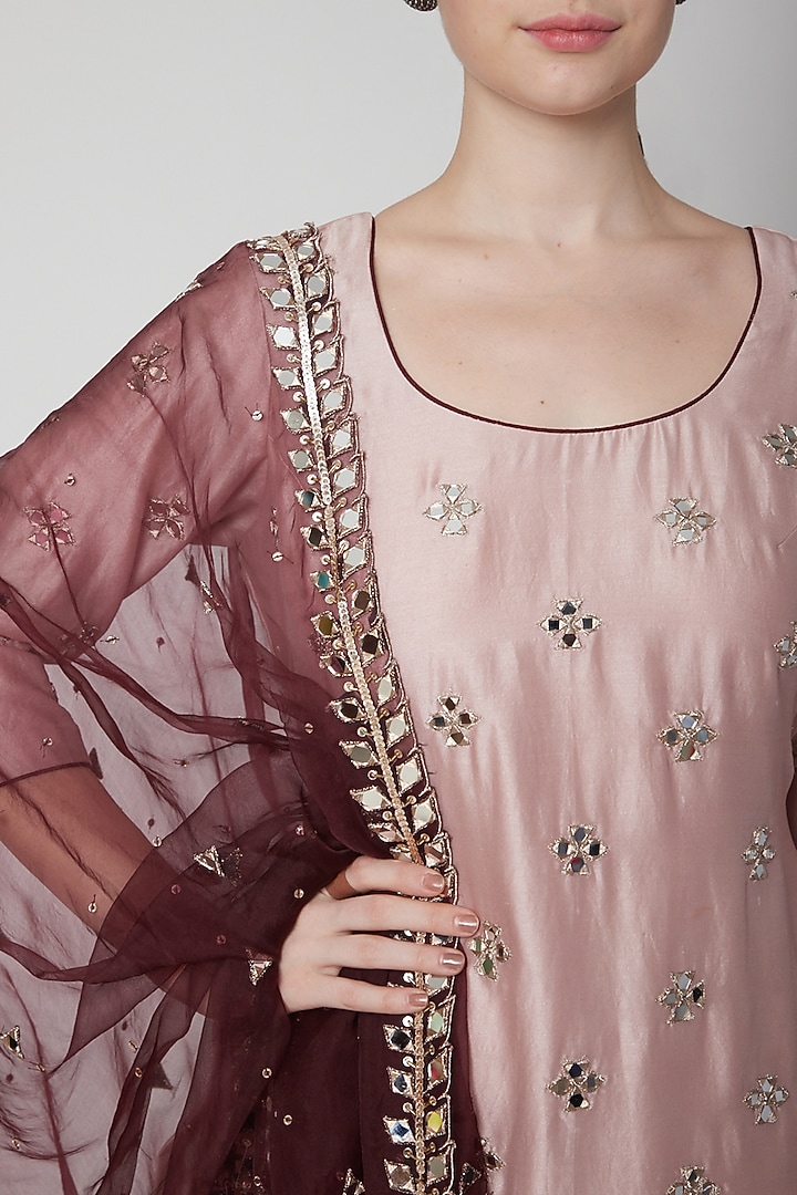 Rose Gold Pink & Wine Embroidered Wedding Sharara Set by Mint Blush at Pernia's Pop Up Shop