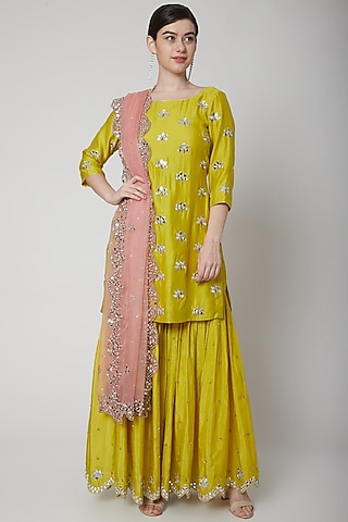 Bright Green & Pink Embroidered Sharara Set by Mint Blush