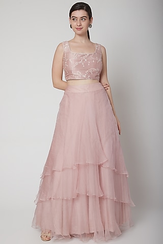 Rose Gold Pink Embroidered Skirt Set by Mint Blush