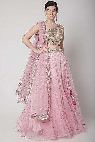 Soft Pink Embroidered Lehenga Set by Mint Blush