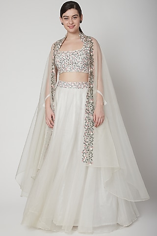 White Embroidered Cape & Skirt Set by Mint Blush