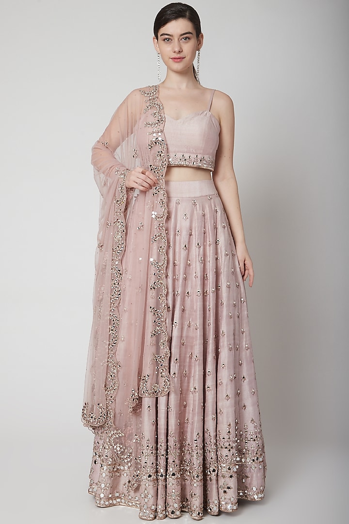 Rose Gold Pink Embroidered Lehenga Set by Mint Blush