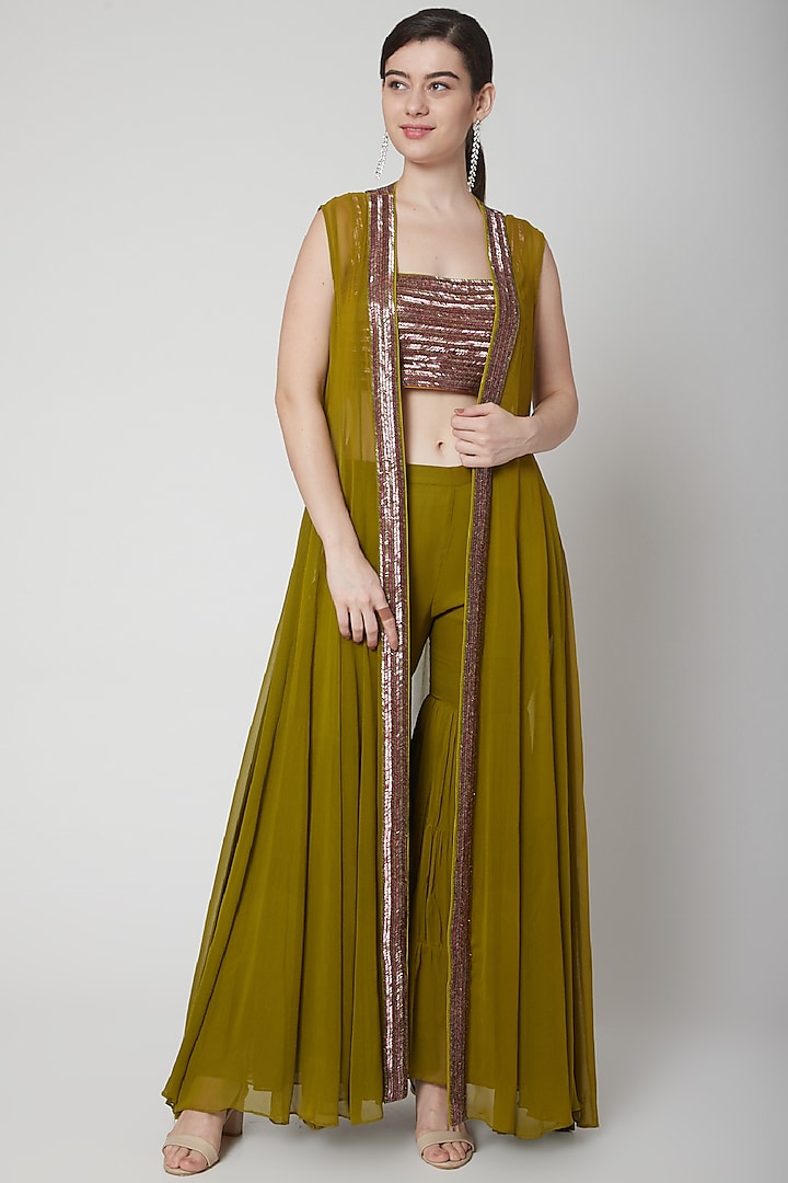 Deep Green Embroidered Sharara Set by Mint Blush at Pernia's Pop Up Shop