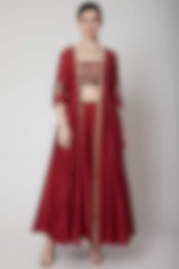Deep Red Embroidered Cape Set by Mint Blush