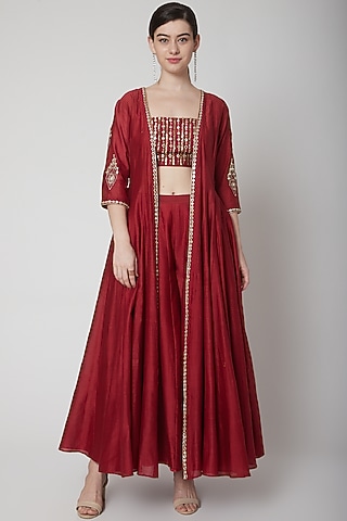 Deep Red Embroidered Cape Set by Mint Blush