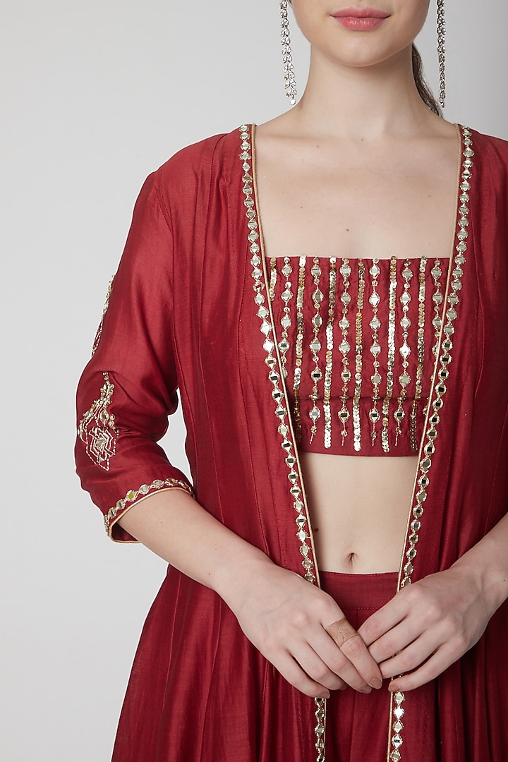 Deep Red Embroidered Cape Set by Mint Blush at Pernia's Pop Up Shop