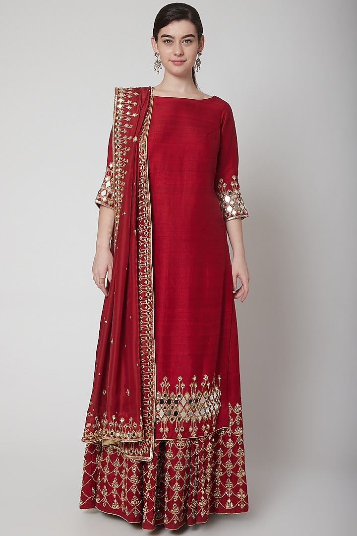 Deep Red Embroidered Lehenga Set by Mint Blush