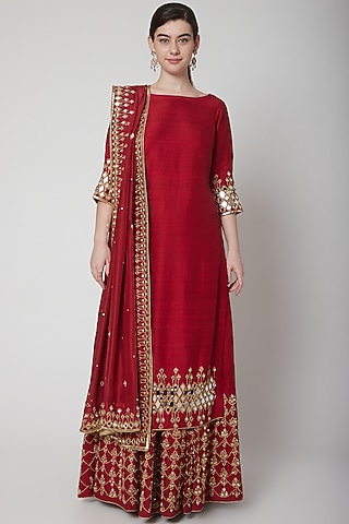 Deep Red Embroidered Lehenga Set by Mint Blush