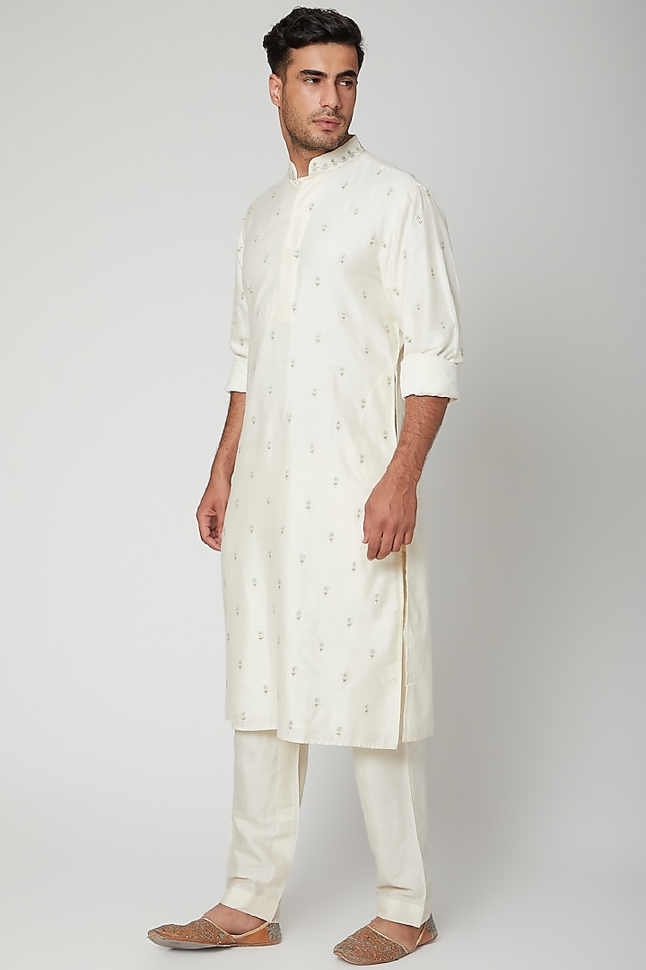 Ivory Embroidered Kurta Set by Mint Blush Men