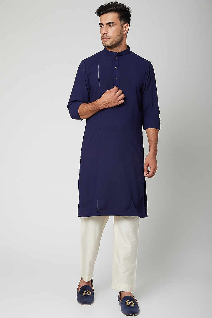 Cobalt Blue Textured Kurta Set by Mint Blush Men