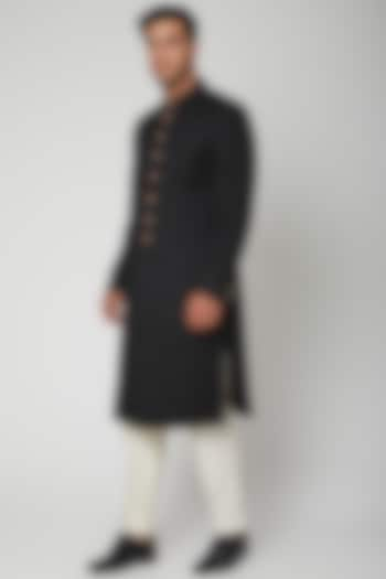 Black & Ivory Achkan Wedding Sherwani Set by Mint Blush Men at Pernia's Pop Up Shop