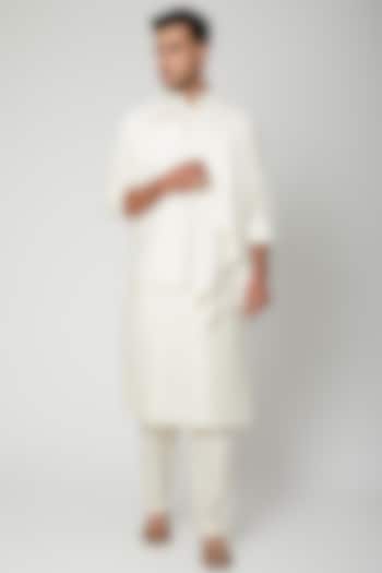 White Embroidered Draped Bundi Jacket Set by Mint Blush Men