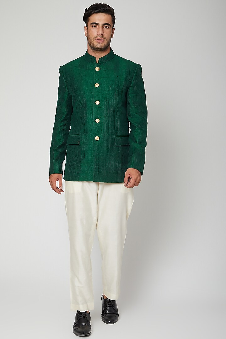 Bottle Green Embroidered Bandhgala Jacket With Pants by Mint Blush Men