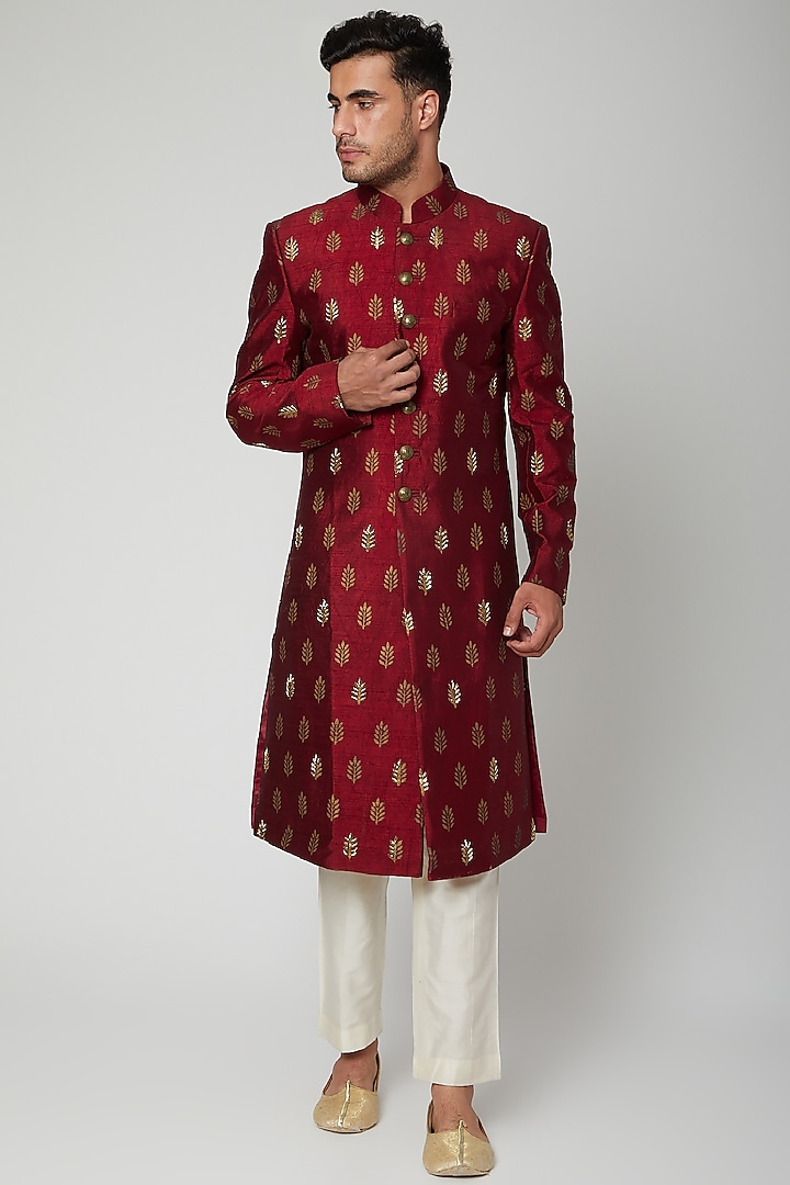 Wine Foil Printed Sherwani Set by Mint Blush Men