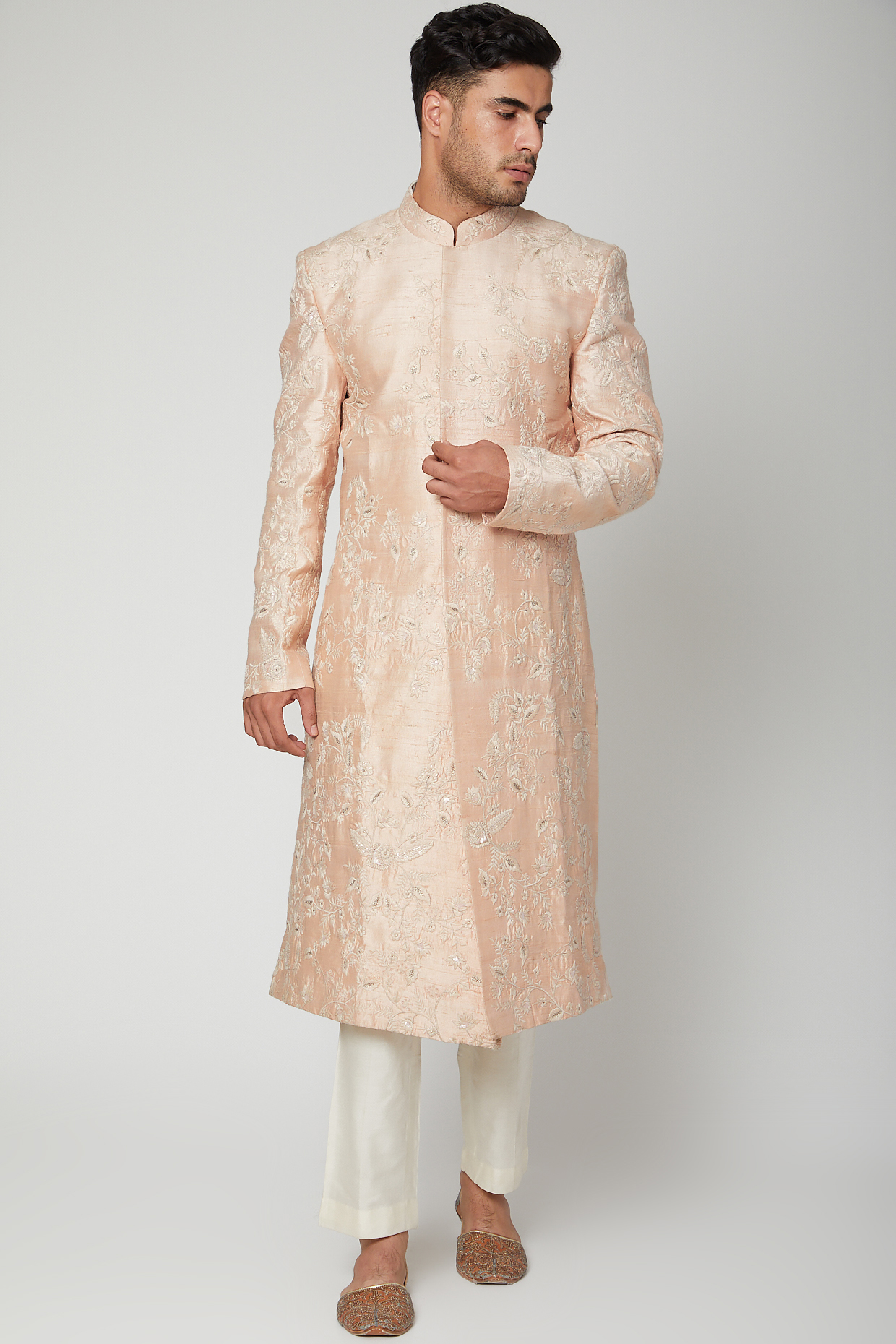 Peach Embroidered Sherwani Set by Mint Blush Men